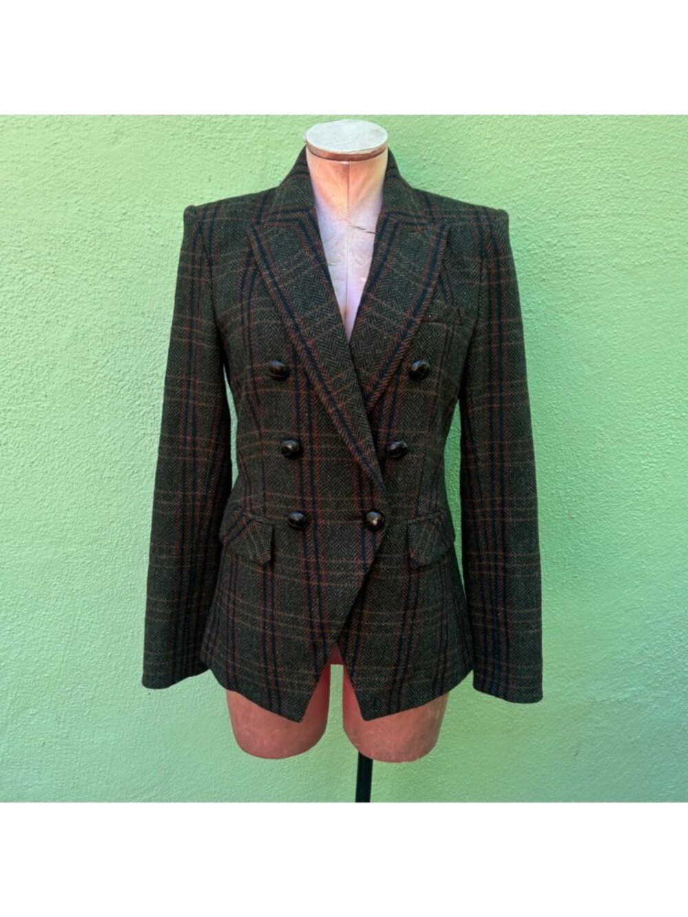 Veronica Beard Herringbone Dickey Plaid Blazer Long Sleeve Women Green Work 2 - Picture 2 of 12